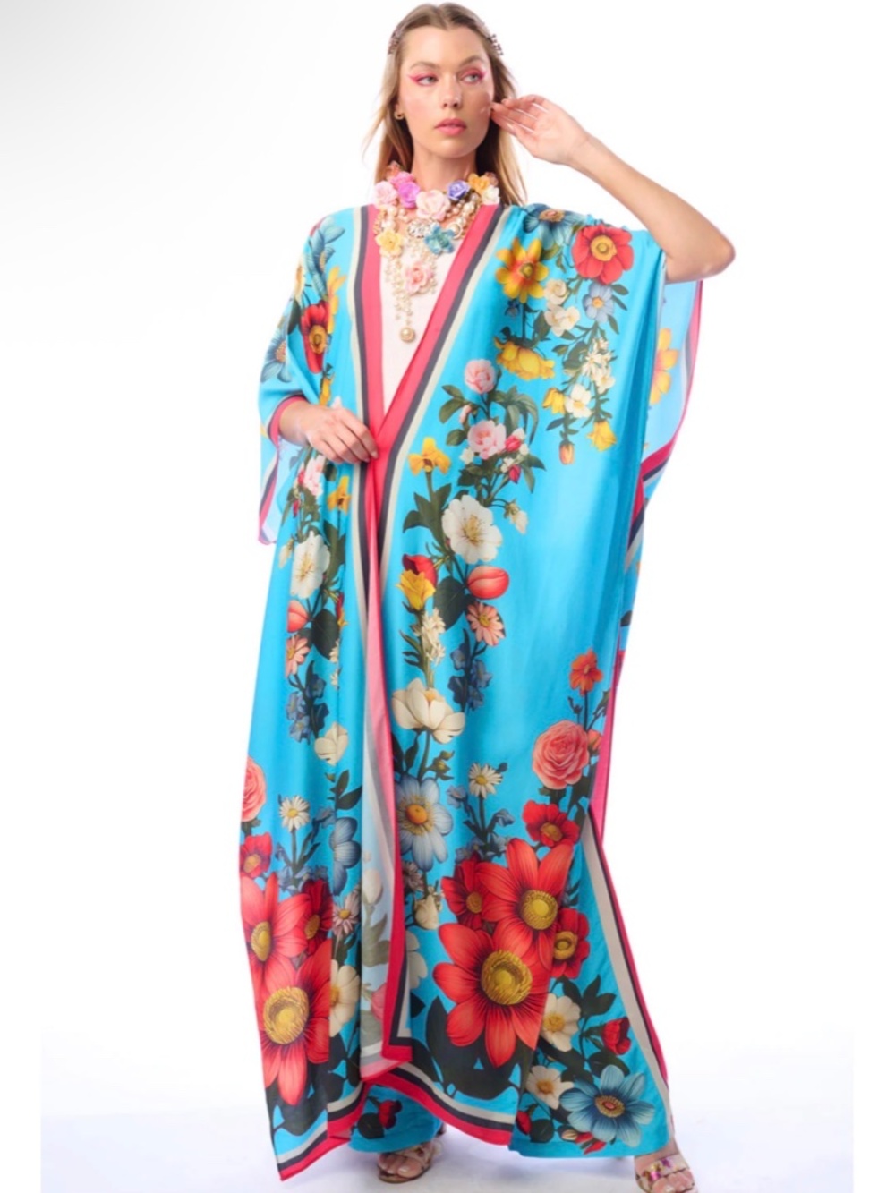 Floral Garden Maxi Kimono by Aratta in Blue Floral, NWT